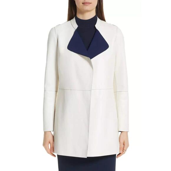 St. John Jackets & Blazers - LKNW ST JOHN Nautical Alabaster Navy Reversible Leather Long Jacket Size 2 $2495